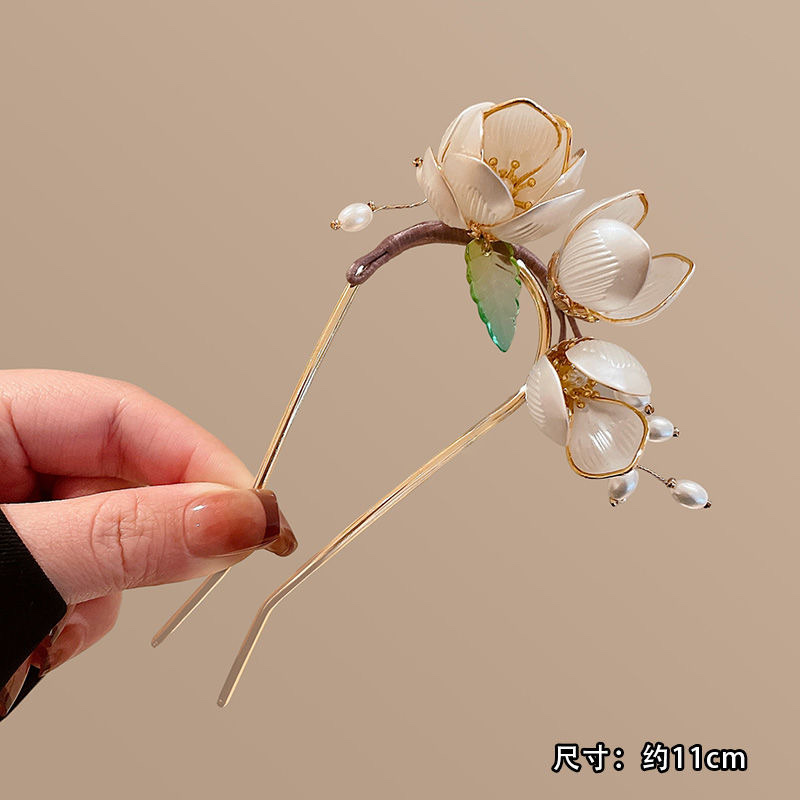 绿叶双玉兰花u型发簪缠花插梳簪花头饰新中式古风旗袍丸子头盘发器簪子