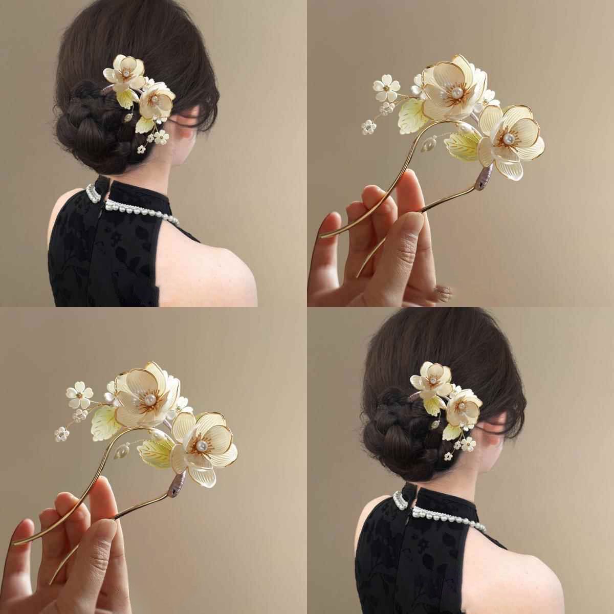 New Chinese-style calligraphy U-shaped flower hairpin 2025 New Chinese-style ancient style women's high-end hairpin, hairpin, hairpin, flower hair accessory, hairpin detail image 4