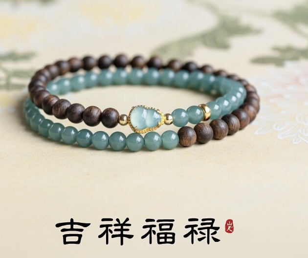 This is a natural agarwood bracelet with the same style as famous stars. It features a blue water jade double-ring bracelet and a female jade gourd with a 925 silver inlaid design