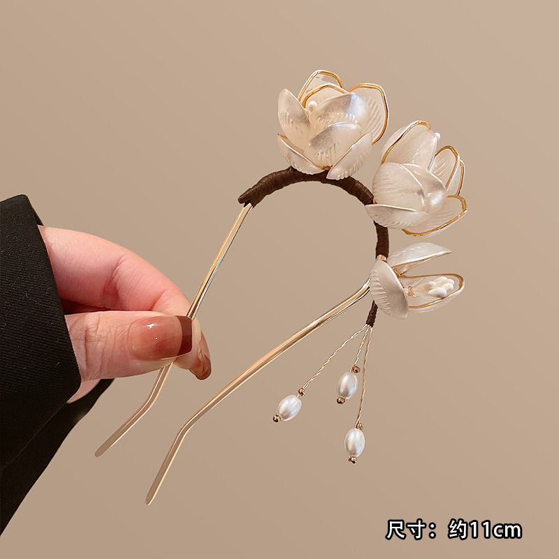 玉兰花苞u型三花朵发簪2025新款新中式古风女高级感簪子盘发发钗子细节图