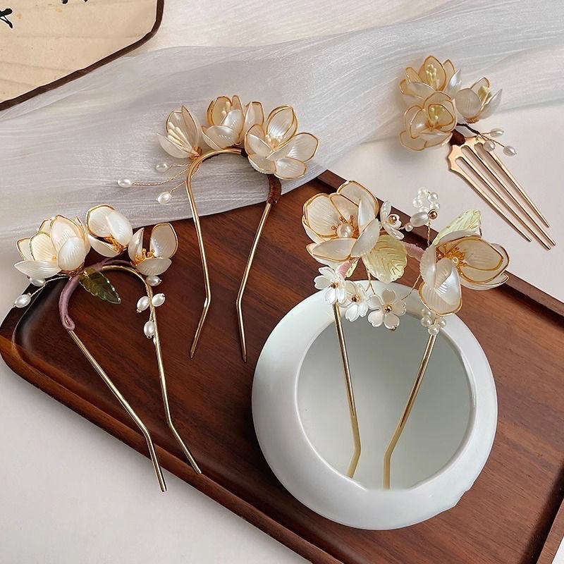 绿叶双玉兰花u型发簪缠花插梳簪花头饰新中式古风旗袍丸子头盘发器簪子详情图4