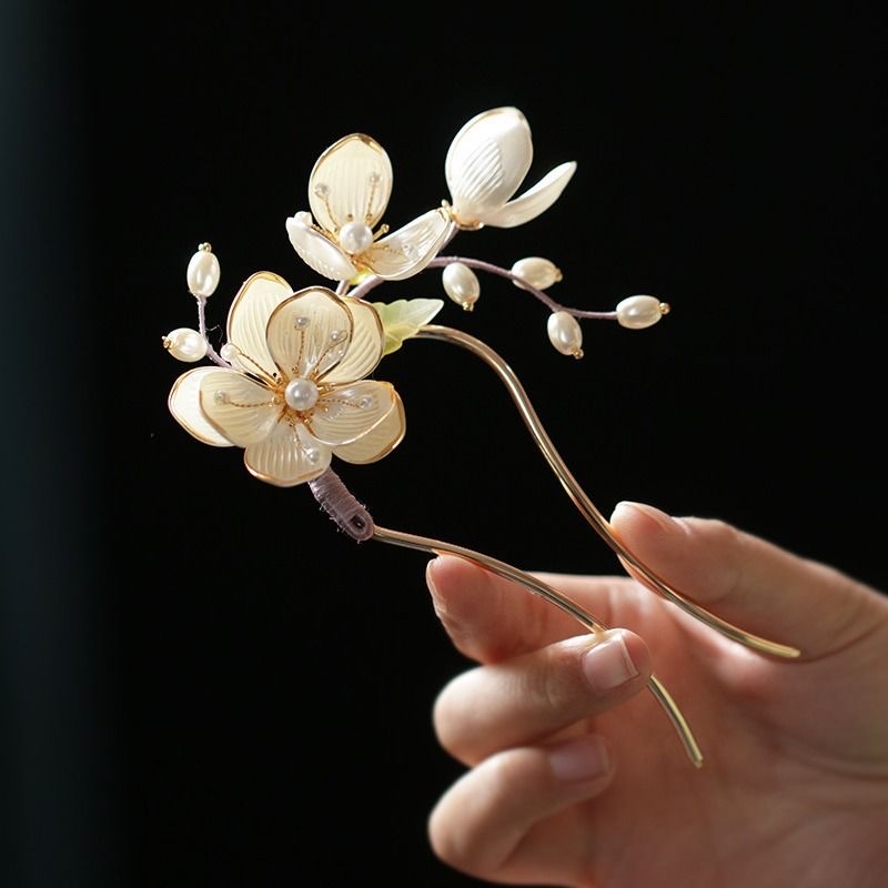 绿叶双玉兰花u型发簪缠花插梳簪花头饰新中式古风旗袍丸子头盘发器簪子详情图2