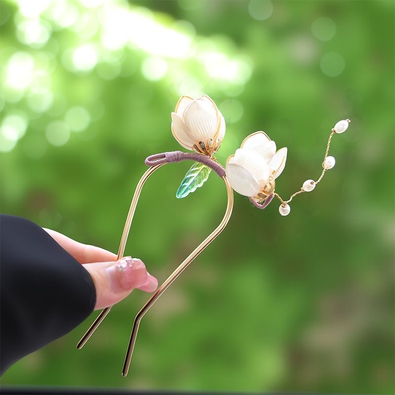 绿叶双玉兰花u型发簪缠花插梳簪花头饰新中式古风旗袍丸子头盘发器簪子细节图