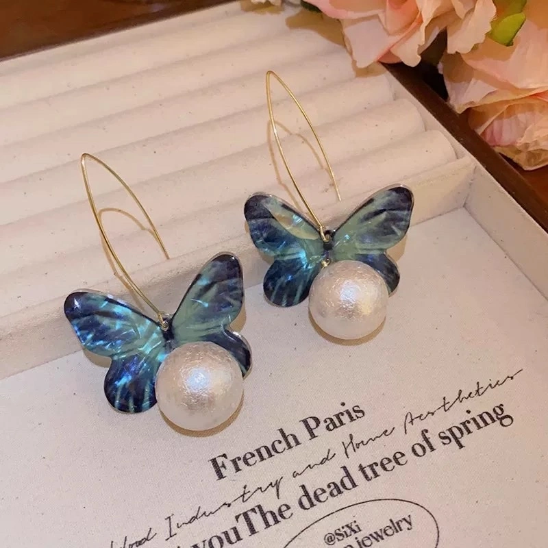 Blue butterfly pendant ear hooks are perfect for summer earrings. They are unique and exaggerated in style. New earrings for women detail image 4