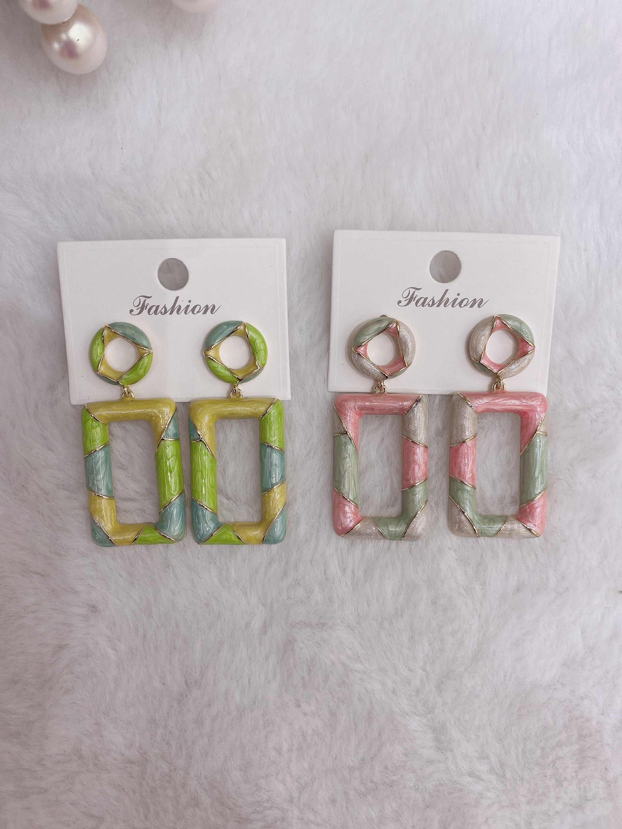 Amazon cross-border fashion, simple, color-blocking, oil-dripping geometric rectangular earrings, elegant and high-end silver needle earrings