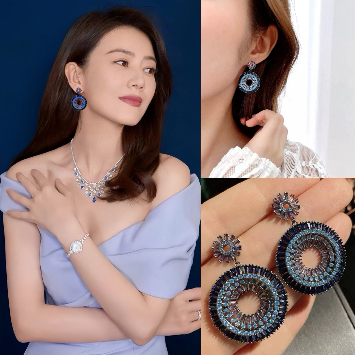 秀美一族  甜美夸张耳饰女复古蓝色重工渐变锆石彩虹圈圈耳环条码价160银针耳钉耳环产品图