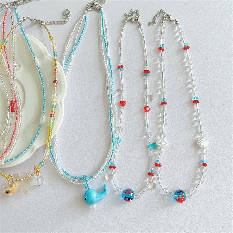 小红书爆款 2025新款 热卖彩色夏日多巴胺小鱼吊坠蓝色串珠项链女童趣可爱百搭颈链 锁骨链 厂家直销饰品贝壳diydiy详情图12