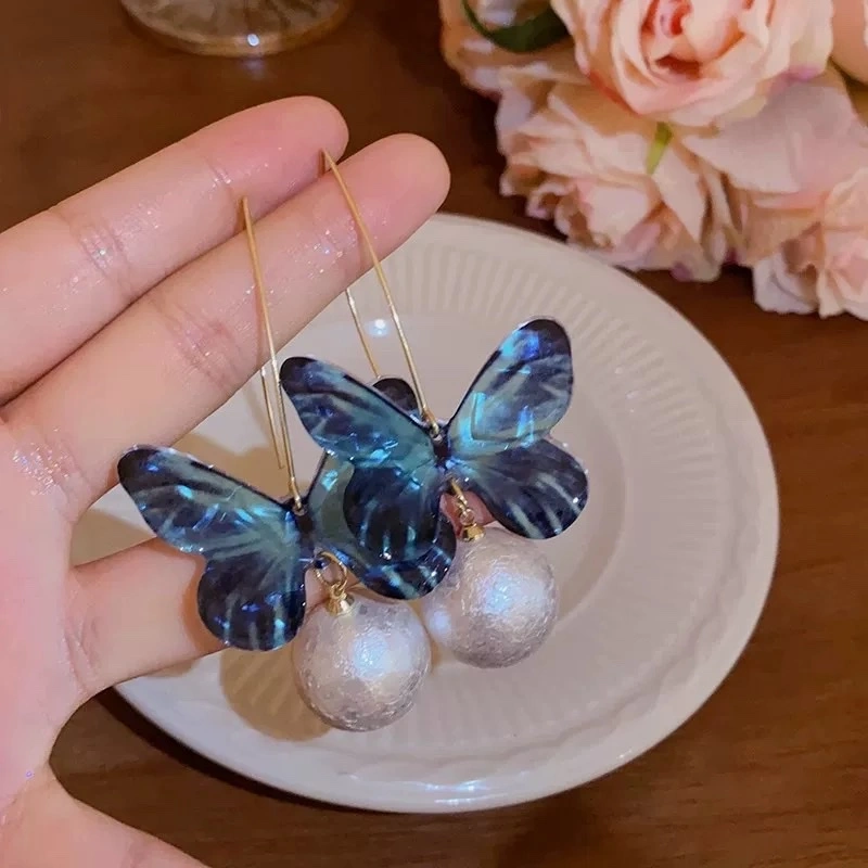 Blue butterfly pendant ear hooks are perfect for summer earrings. They are unique and exaggerated in style. New earrings for women detail image 5