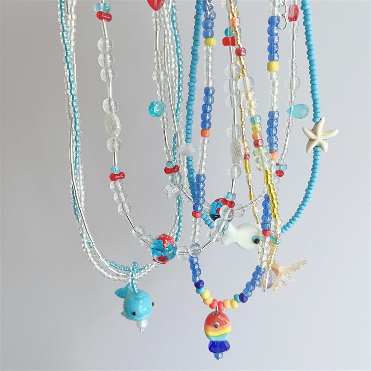 小红书爆款 2025新款 热卖彩色夏日多巴胺小鱼吊坠蓝色串珠项链女童趣可爱百搭颈链 锁骨链 厂家直销饰品贝壳diydiy详情图4