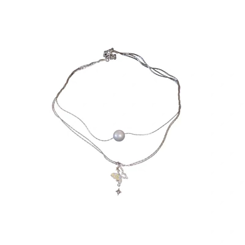 圆形蝴蝶锆石珍珠双层项链法式轻奢气质锁骨链个性百搭新款项饰女白底实物图