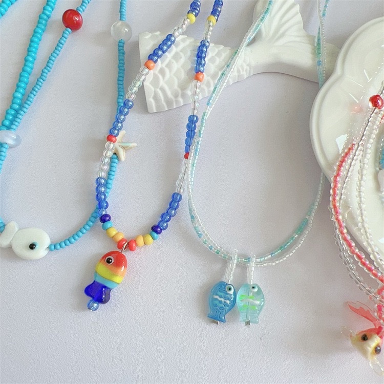 小红书爆款 2025新款 热卖彩色夏日多巴胺小鱼吊坠蓝色串珠项链女童趣可爱百搭颈链 锁骨链 厂家直销饰品贝壳diydiy详情图19