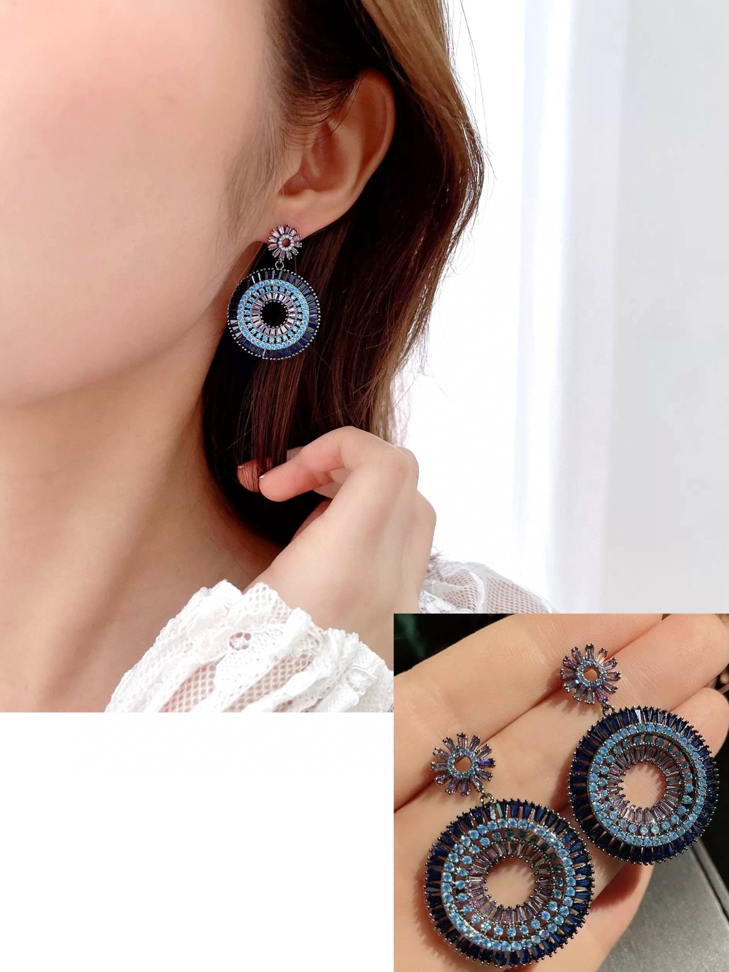 秀美一族  甜美夸张耳饰女复古蓝色重工渐变锆石彩虹圈圈耳环条码价160银针耳钉耳环详情图6