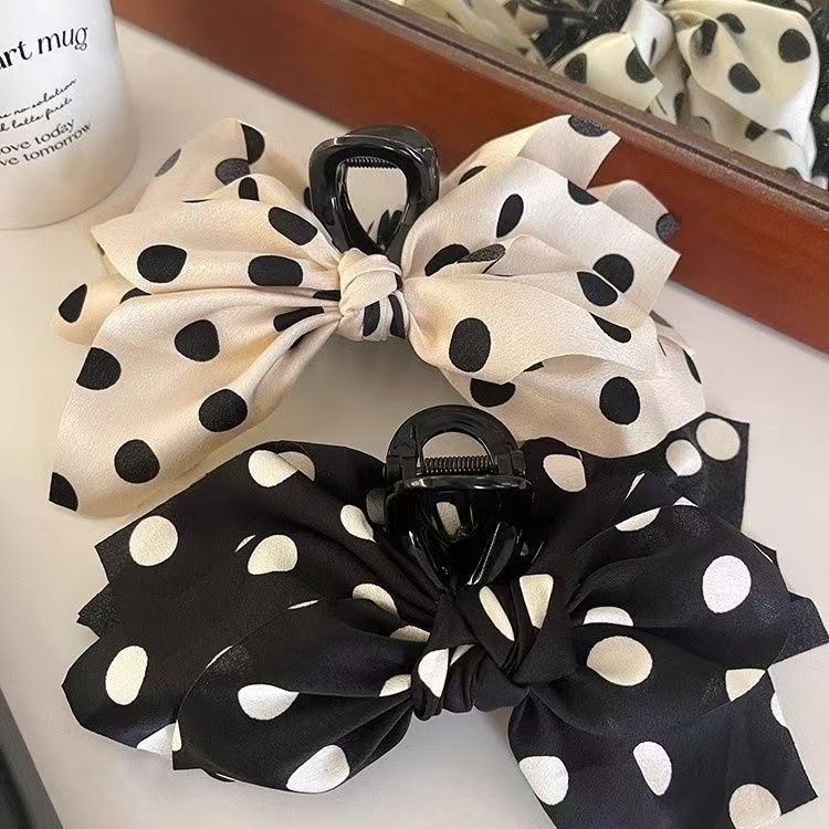 Retro polka dot bow clip, elegant and super fairy-like French back shark clip, light luxury and high-end hair clip, hair accessory clip
