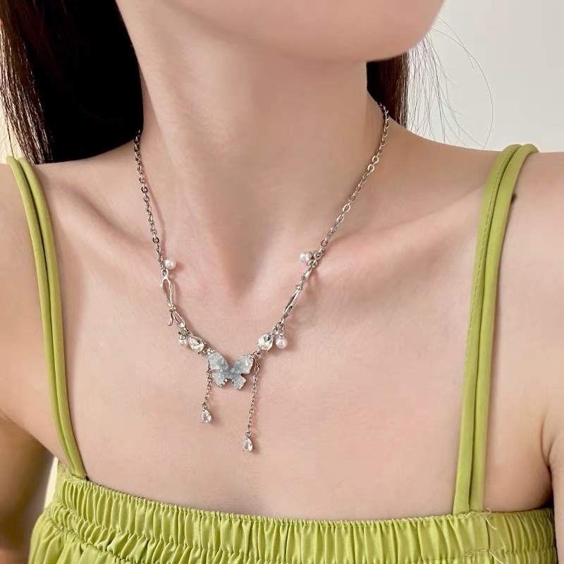 KANSAI碎冰蓝蝴蝶项链流苏珍珠甜酷风配饰女锁骨链高级感精致夏天