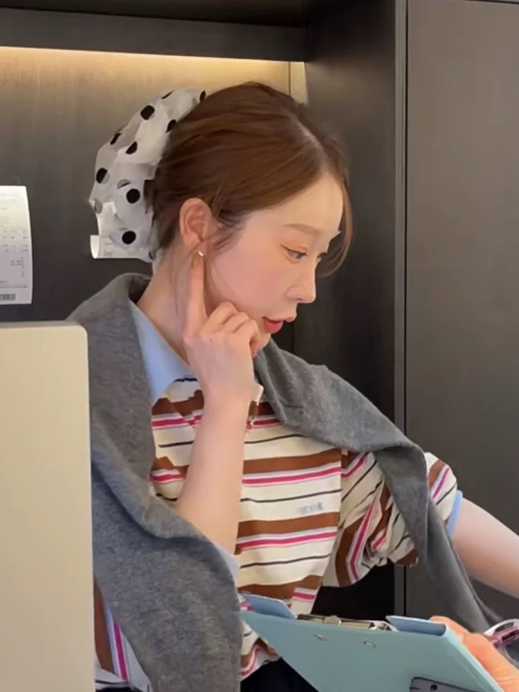 Korean fashion double-layer chiffon polka dot large intestine hair band for women's high-end feel 2025 new bun hair accessory headband details Picture