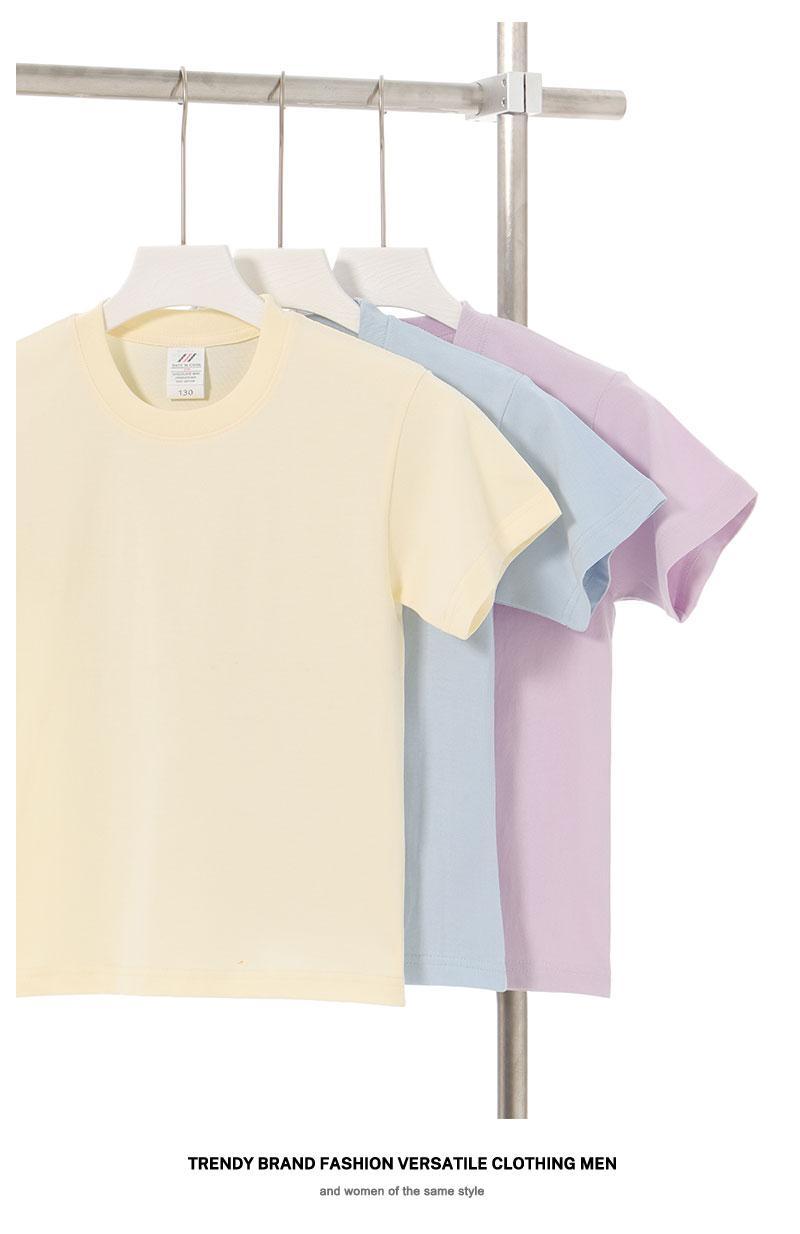 Cross-border children's clothing 230g/㎡ tight-combed textured pure cotton round-neck T-shirt, new short-sleeved T-shirt, men's and women's same style trendy clothes, fashionable and casual men's and women's same style T-shirt, simple and comfortable short-sleeved trendy T-shirt details Picture