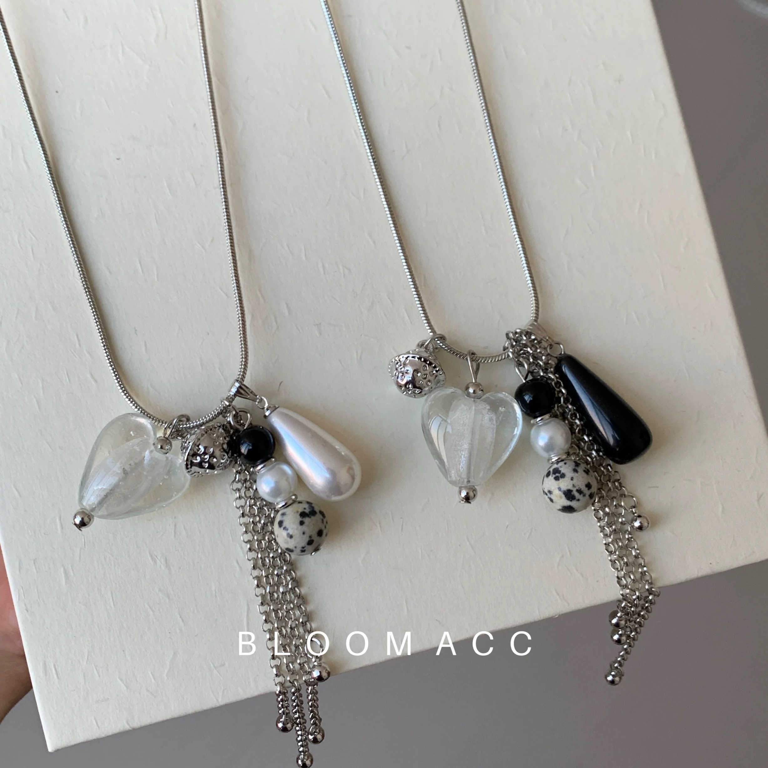 新款小众设计天然石水晶爱心流苏吊坠项链可调节多种戴法长款链