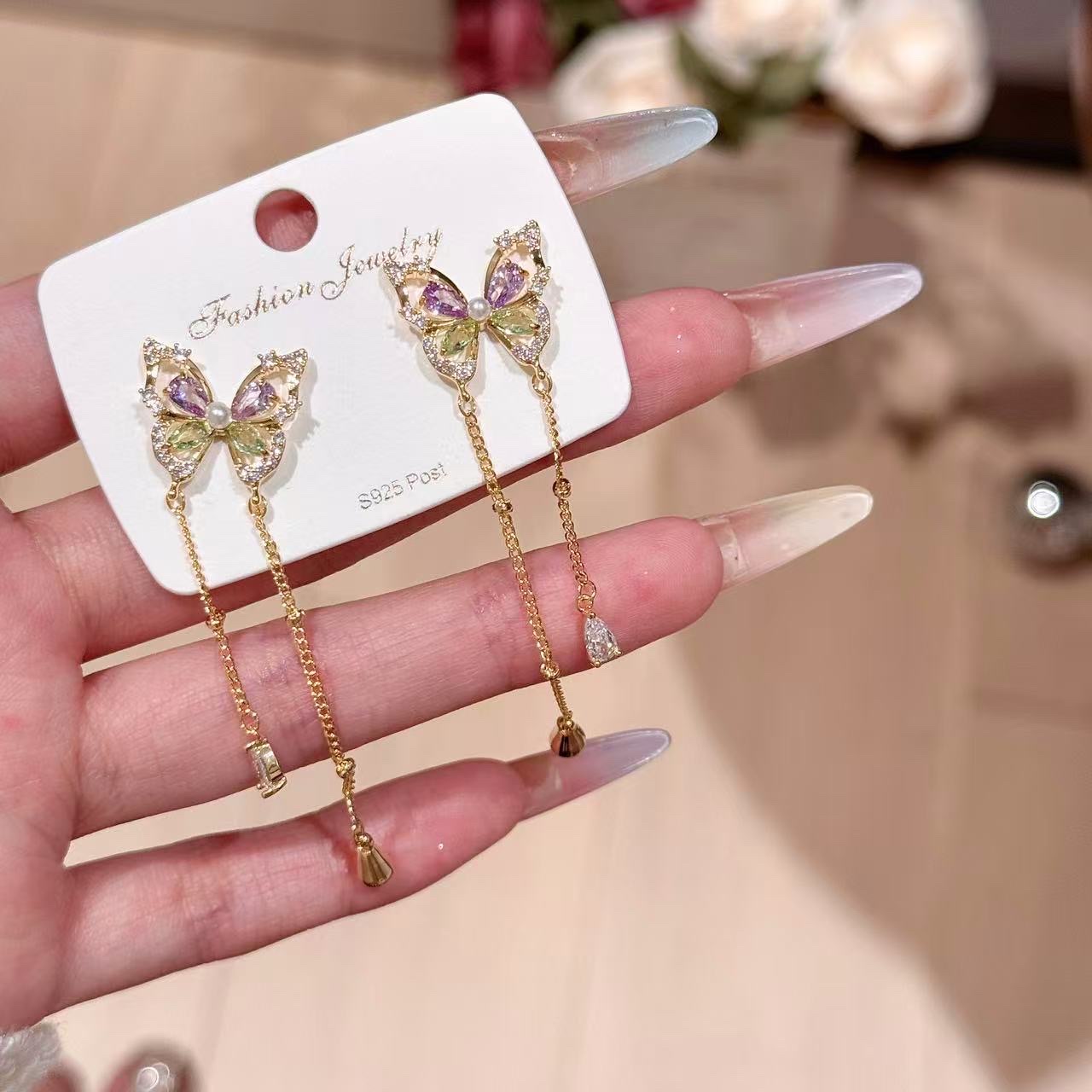 古风复古蝴蝶流苏耳钉小众长款耳饰女轻奢设计感耳坠