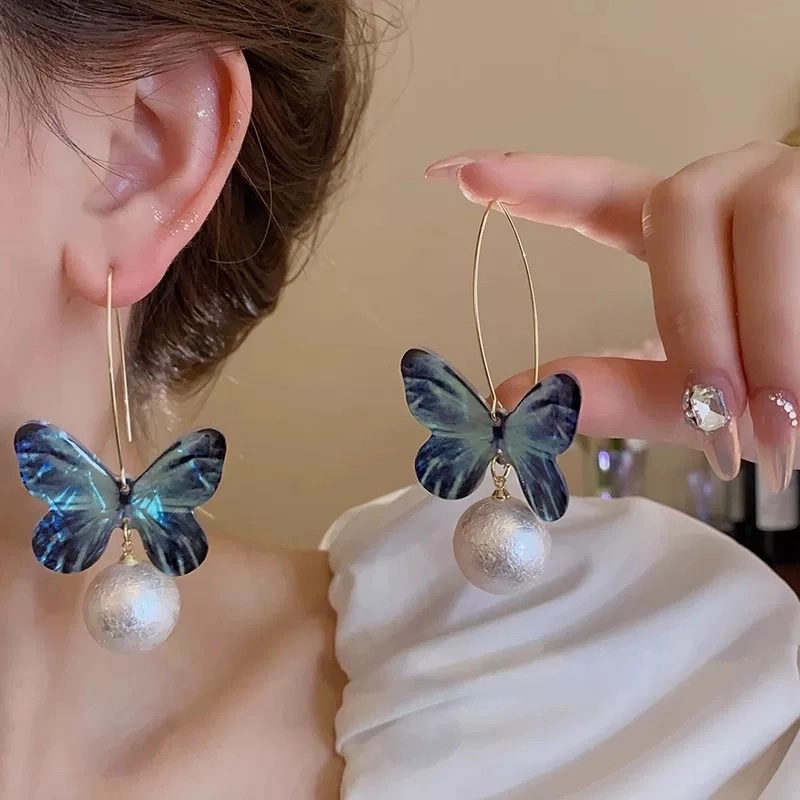 Blue butterfly pendant ear hooks are perfect for summer earrings. They are unique and exaggerated in style. New earrings for women detail image 2