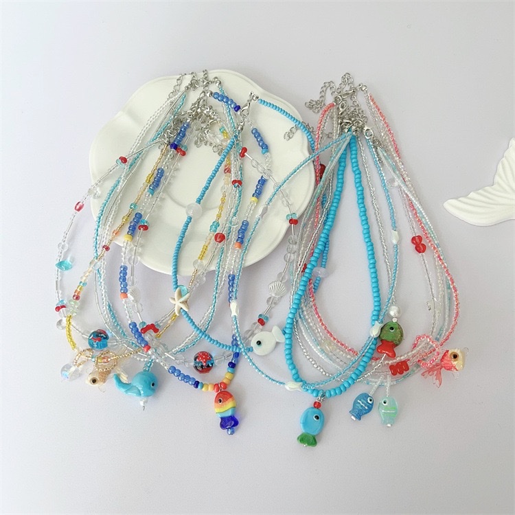 小红书爆款 2025新款 热卖彩色夏日多巴胺小鱼吊坠蓝色串珠项链女童趣可爱百搭颈链 锁骨链 厂家直销饰品贝壳diydiy详情图3