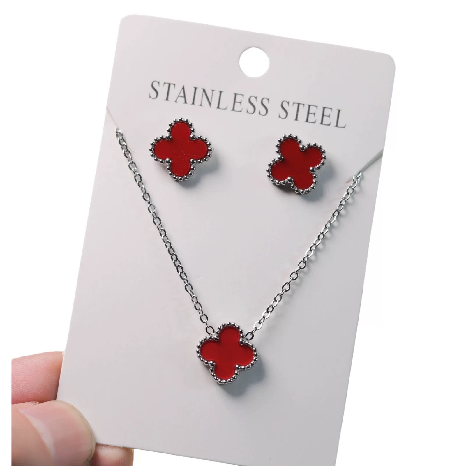 Best-selling lucky four-leaf flower imitation shell necklace, bracelet, stud earrings, two-piece set, three-piece set, versatile five-color bracelet, collarbone chain, earrings detail image 5