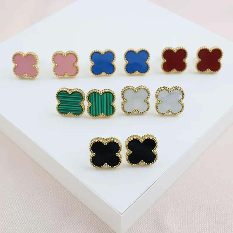13mm lucky four-leaf flower ear studs, elegant and stylish earrings, simple and fashionable accessories, enhance feminine charm. Stainless steel ear studs, titanium steel ear studs Item Picture