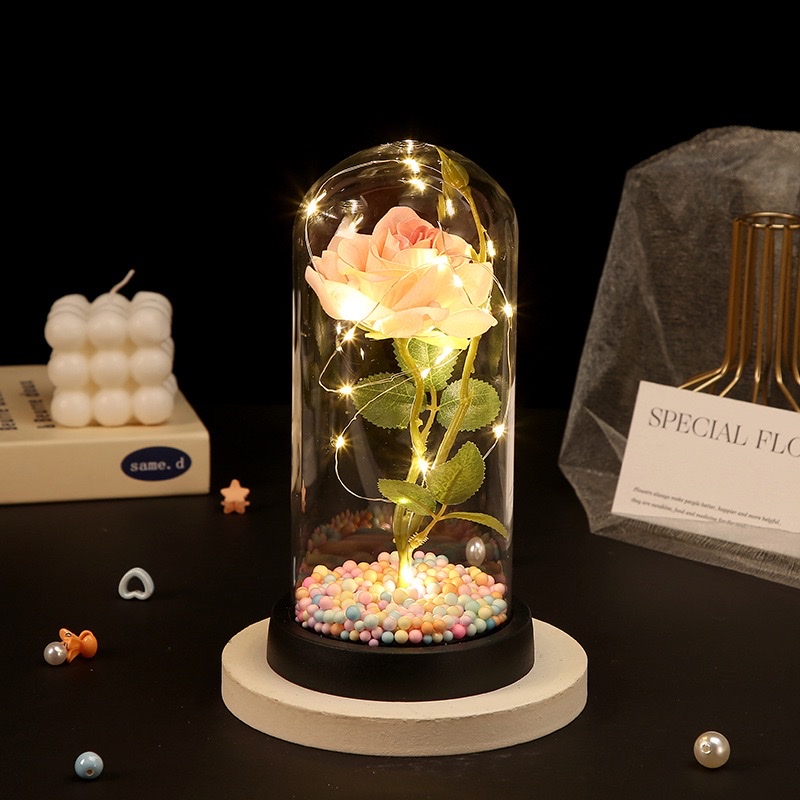 永生花，玻璃罩，绒布花，玫瑰花，母亲节，情人节，圣诞节礼物￼摆件细节图