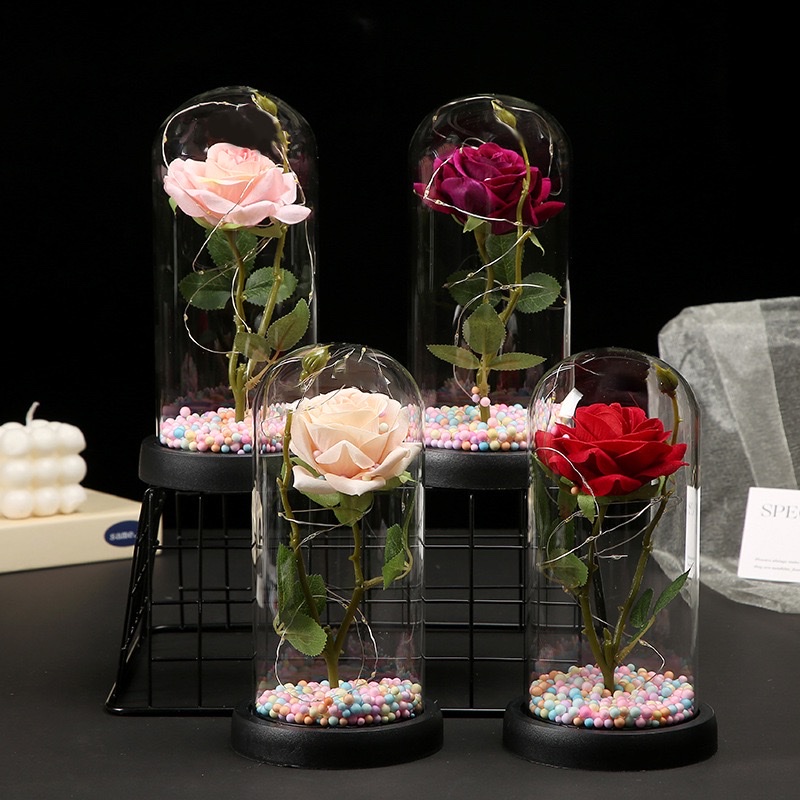 永生花，玻璃罩，绒布花，玫瑰花，母亲节，情人节，圣诞节礼物￼摆件产品图