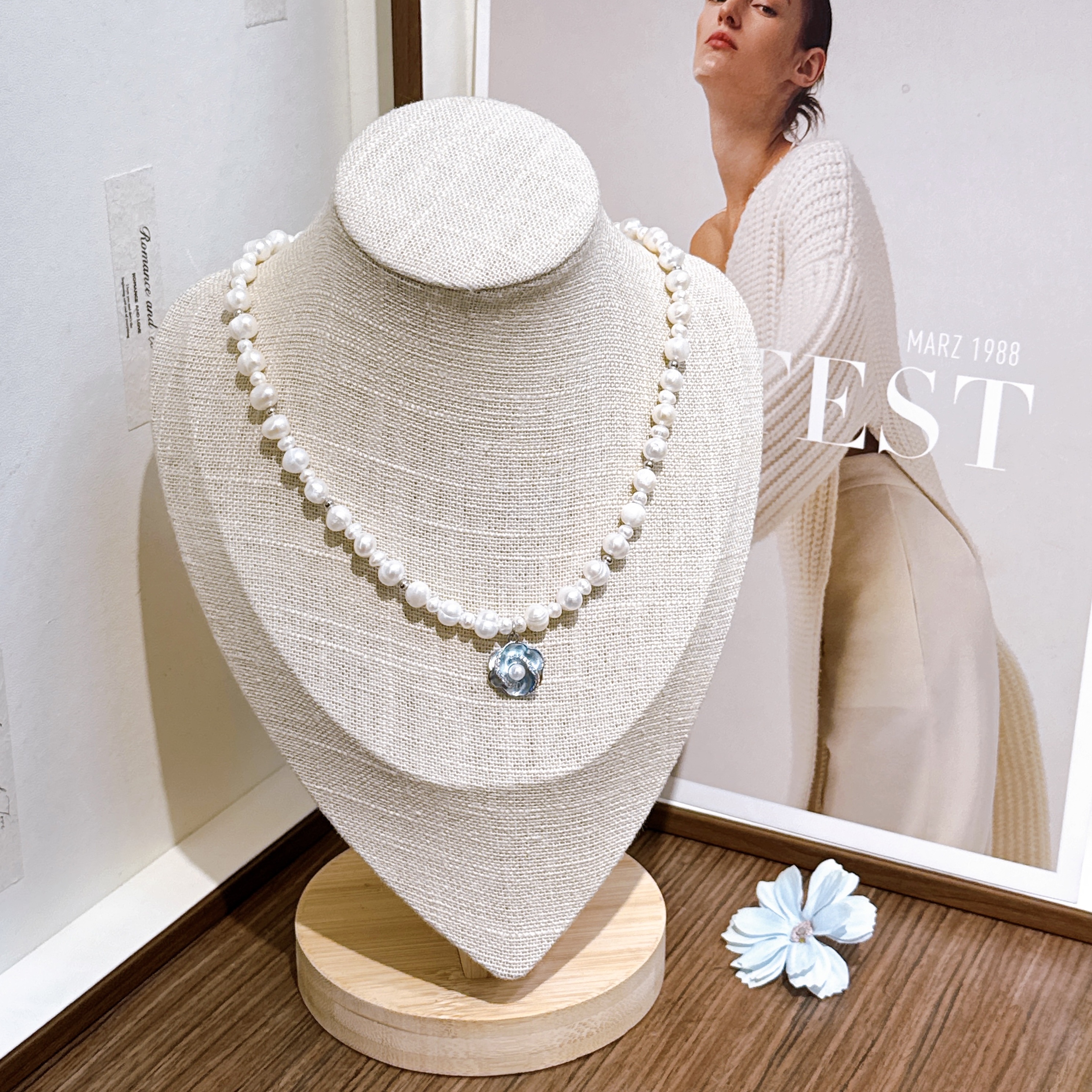 RIBACA |天然珍珠蓝色花朵精致送礼女生珍珠项链珍珠项链淡水珍珠项链珍珠