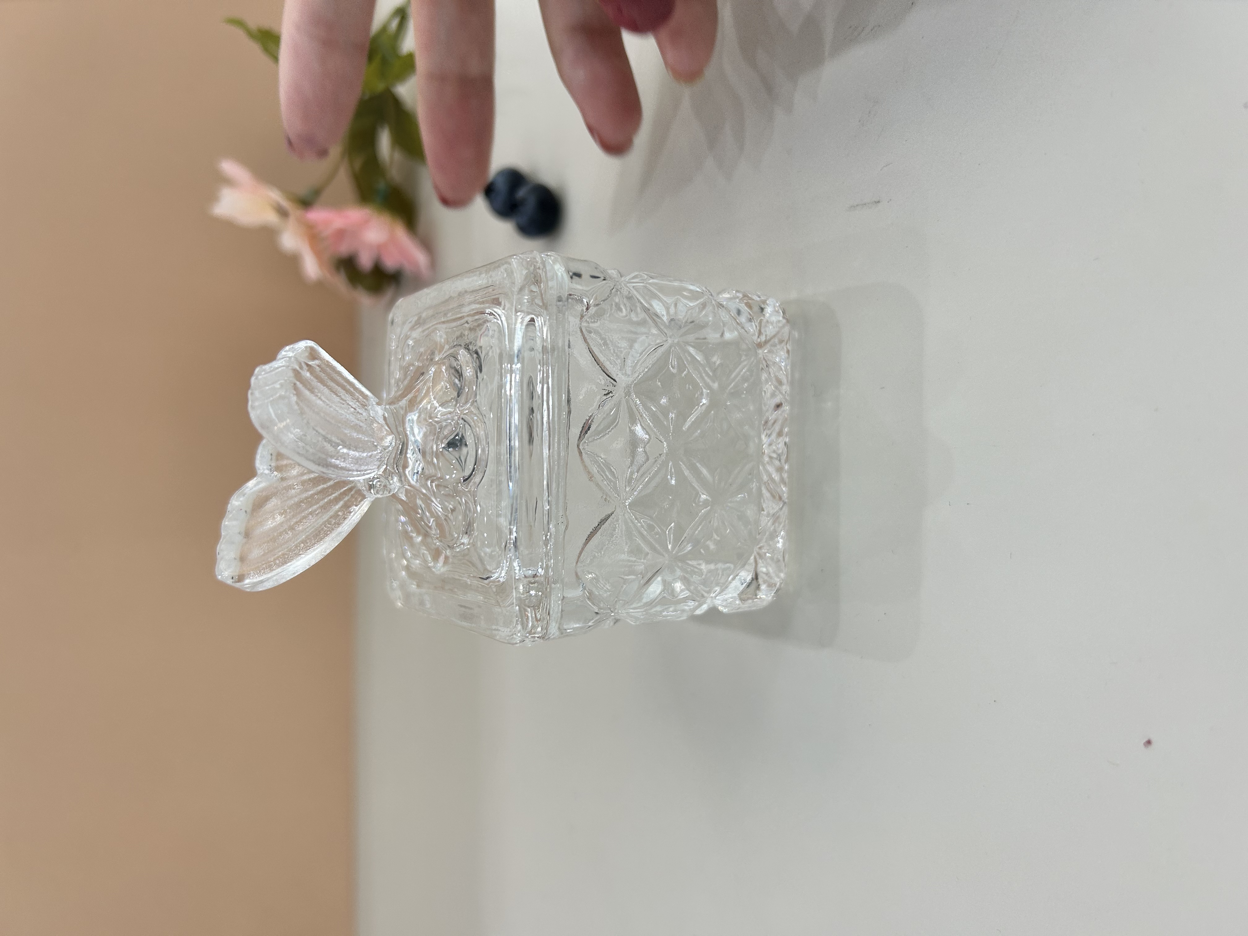 Glass sugar jar, butterfly square storage jar, storage jar, glass handicrafts detail image 3