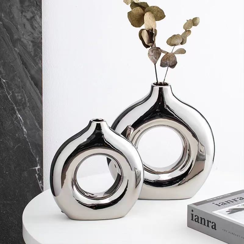 极简现代电镀银色陶瓷花瓶高级感装饰艺术品空心圆创意陶瓷摆件陶瓷花瓶陶瓷详情图5