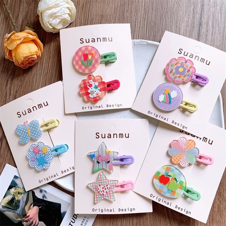 发夹头饰韩版儿童几何彩绘印花朵格子发夹女童刘海碎发侧边夹亲子对装发卡头饰发夹