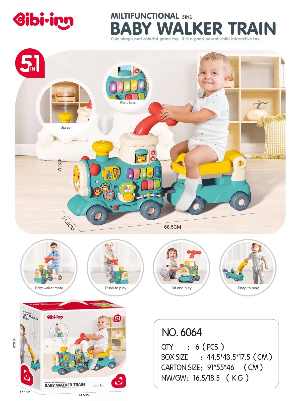 婴童玩具学步车0-3岁益智玩具推车到灯光音乐蓝色粉色滑行小火车五合一