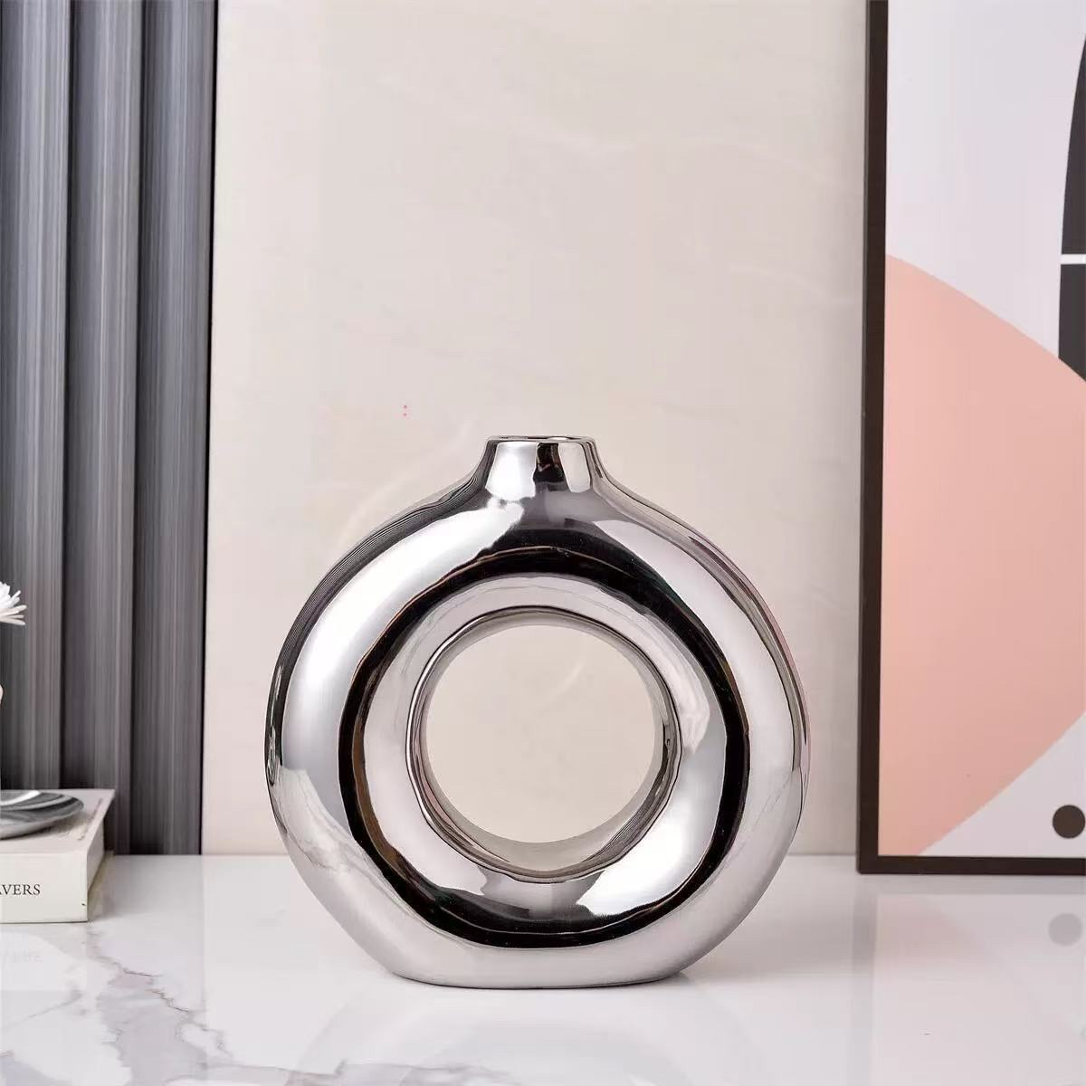 极简现代电镀银色陶瓷花瓶高级感装饰艺术品空心圆创意陶瓷摆件陶瓷花瓶陶瓷详情图4