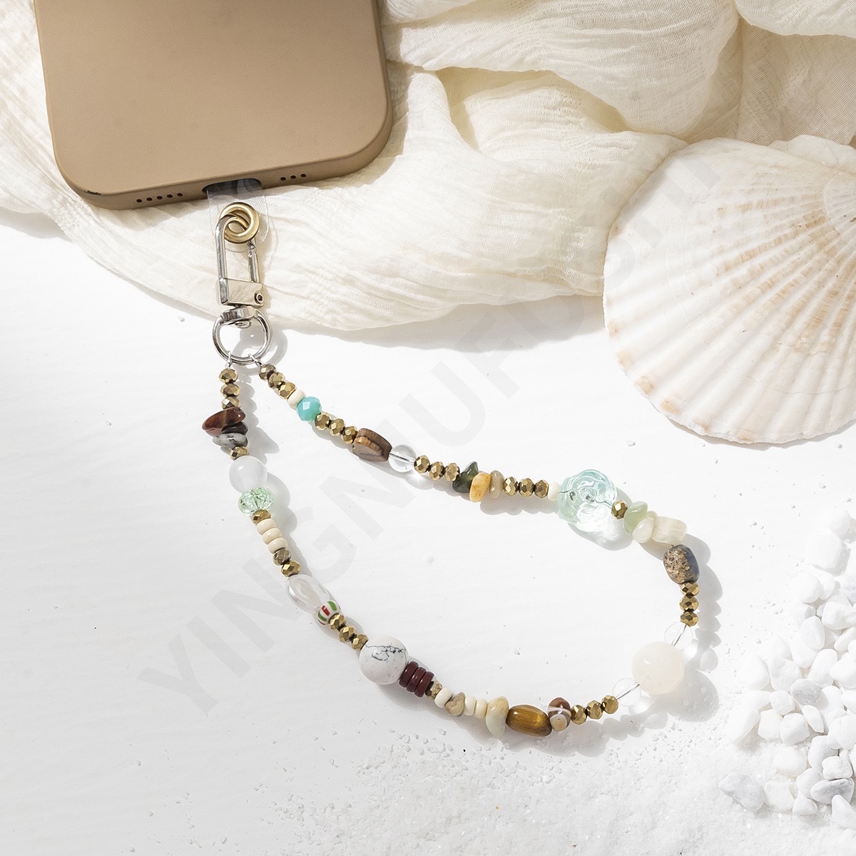 跨境天然石串珠手机链女士时尚设计感手机挂链短款防丢手机挂绳