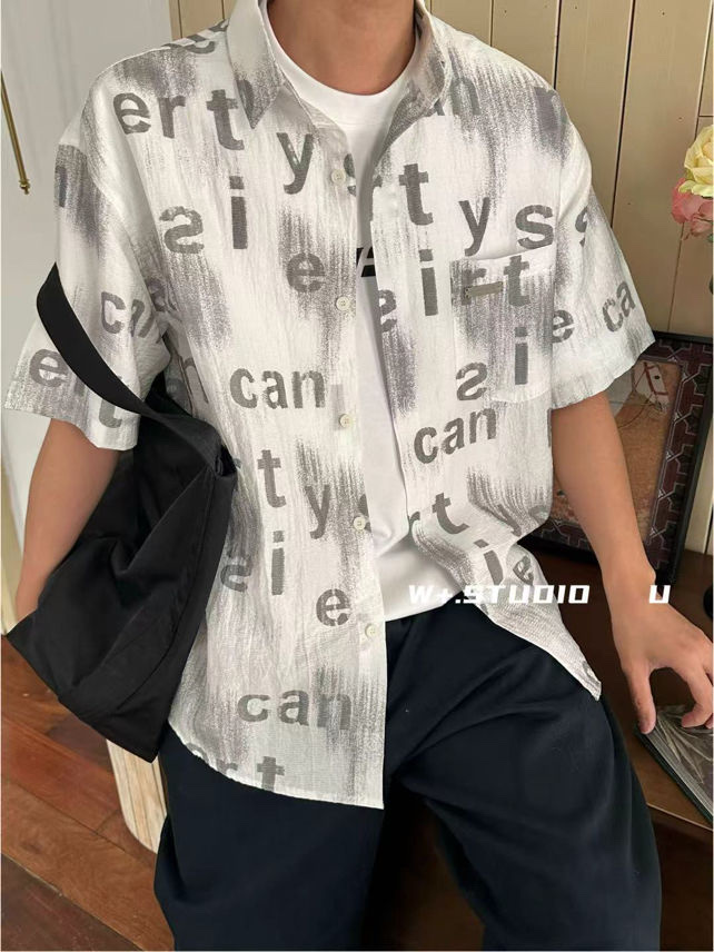 Casual men's letter-printed shirt, fashionable and simple, long-sleeved top, trendy and versatile detail image 1