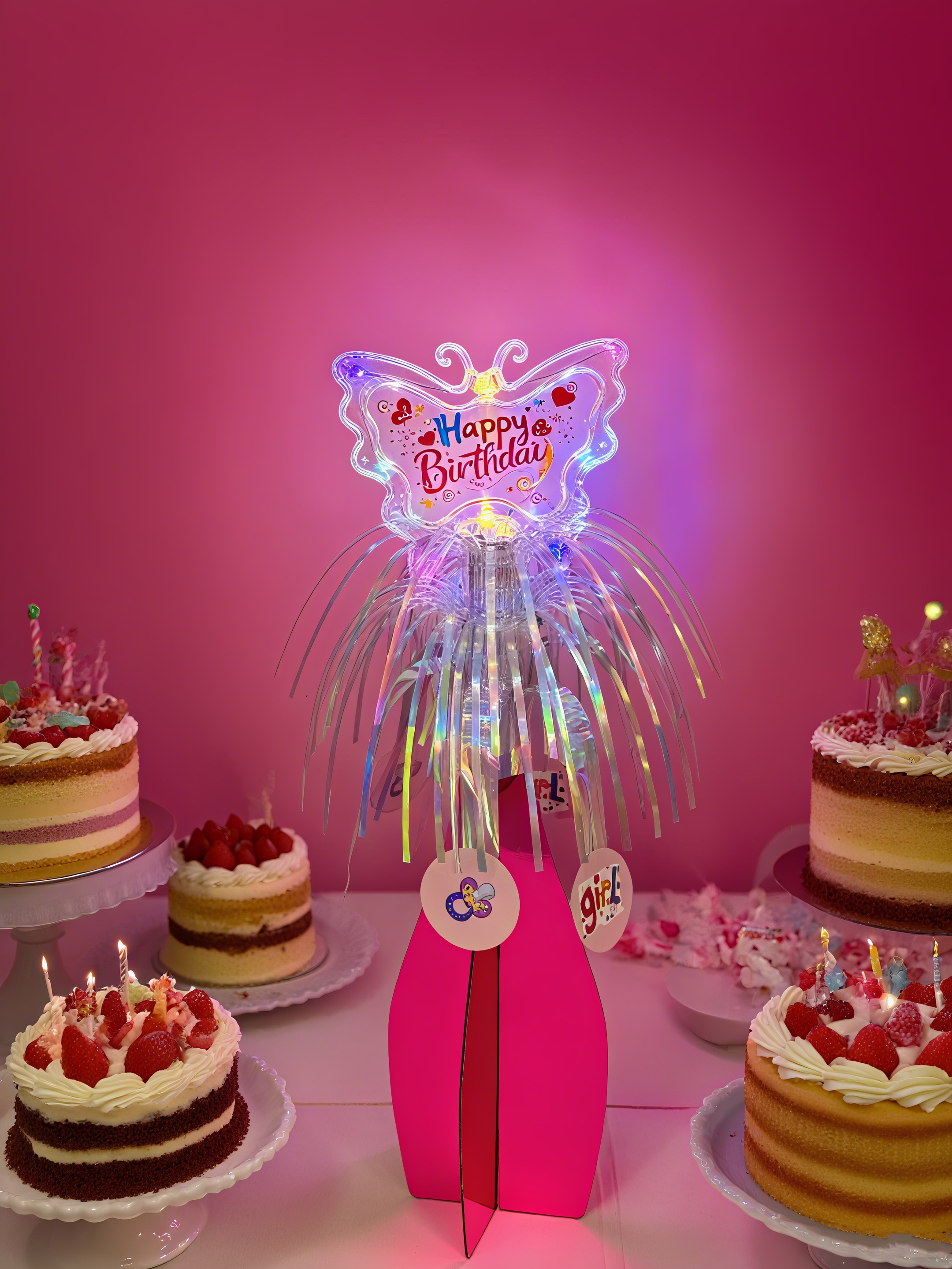 The birthday table is decorated with tassels that shine to illuminate the party supplies detail image 3