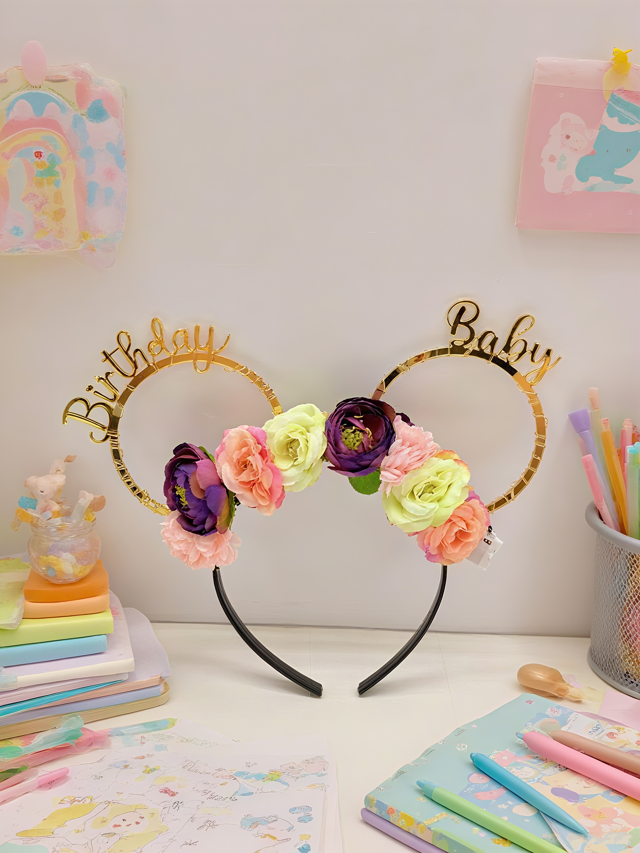 The birthday hairband is decorated with beautiful and cute flowers and letters details Picture