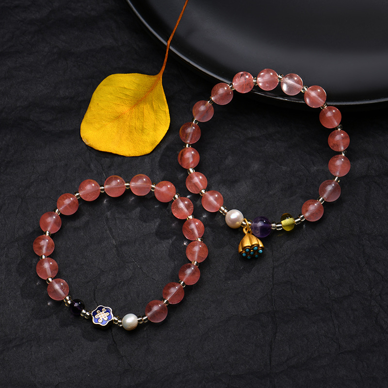 御明轩时尚粉水晶手串厂家直销新款圆珠单圈文玩手链个性挂件配饰批发御明轩8mm图