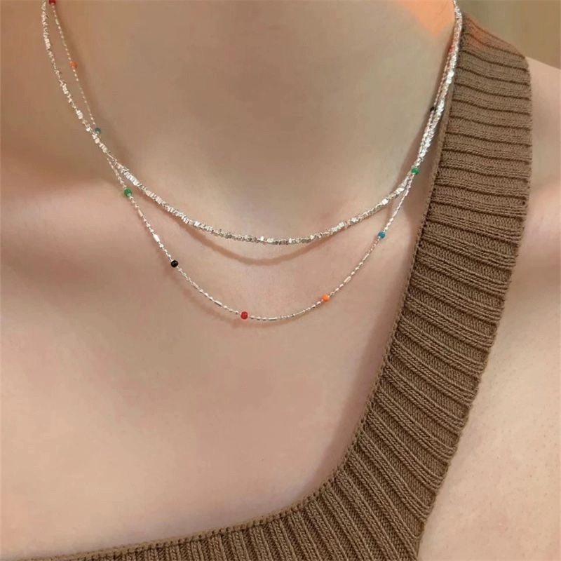 花雾意境彩色小豆子串珠项链双层叠戴碎银可调节仙女锁骨链可爱纯银项链