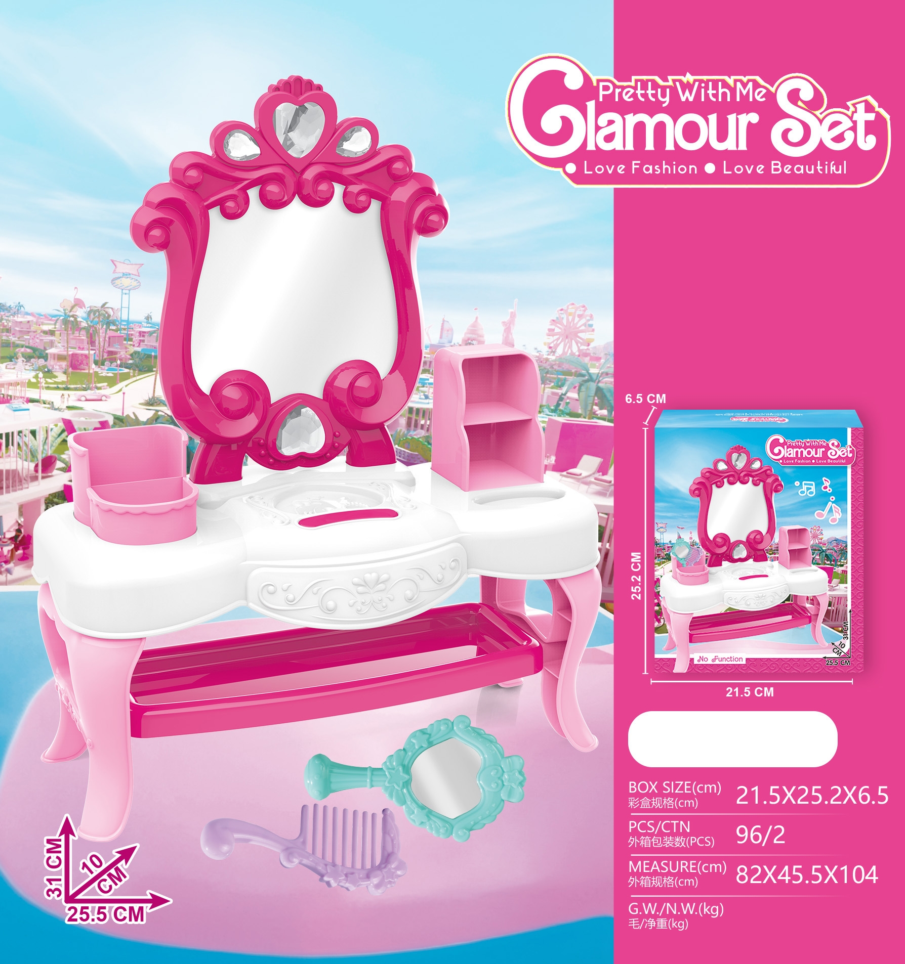 The dressing table is adorned with ornaments