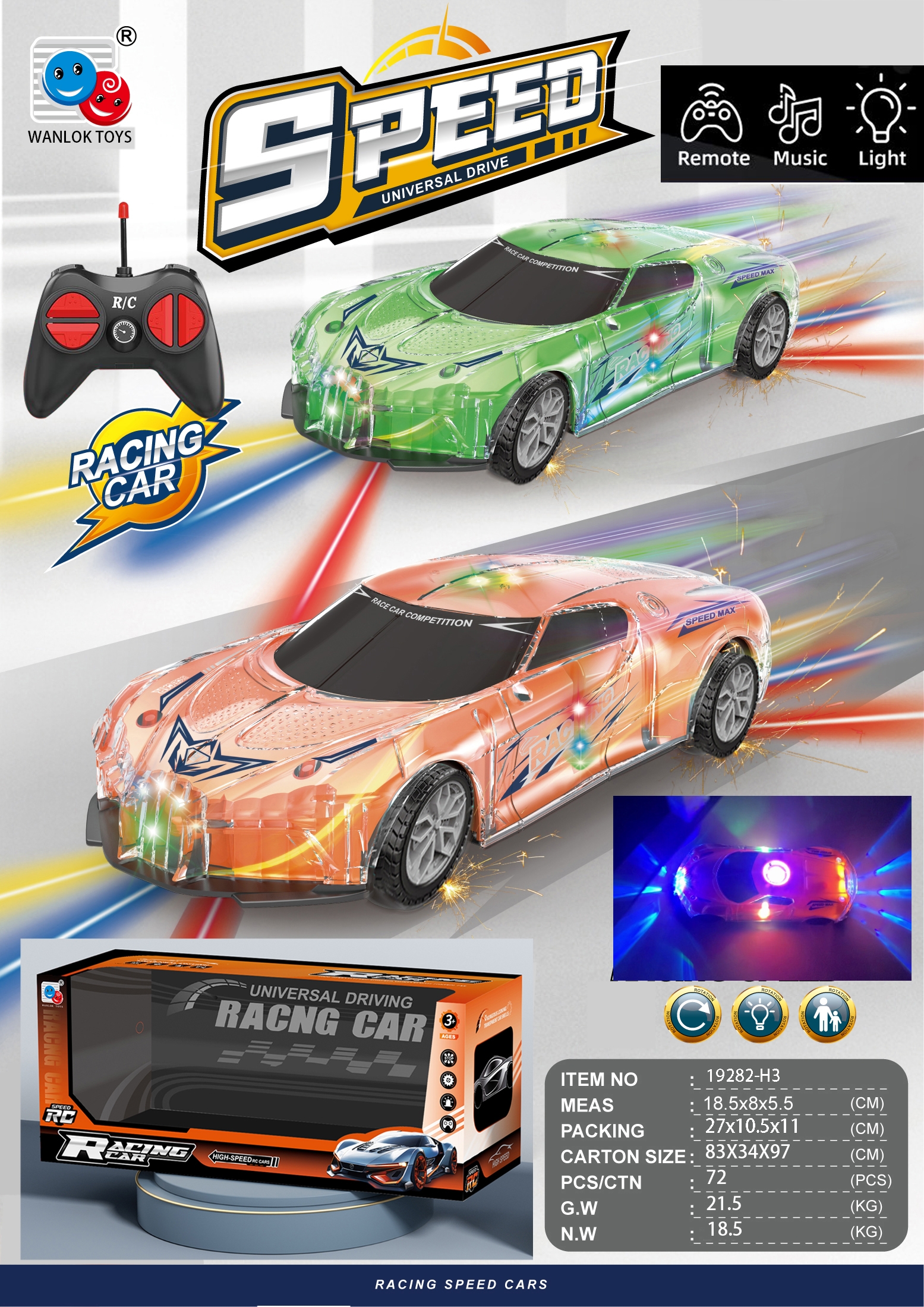 Four-way remote control sound and light transparent shell sports car (electricity not included Item Picture