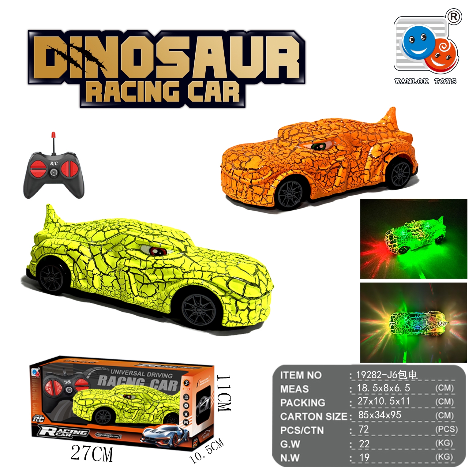 The four-way remote-controlled dinosaur car comes with lights and music