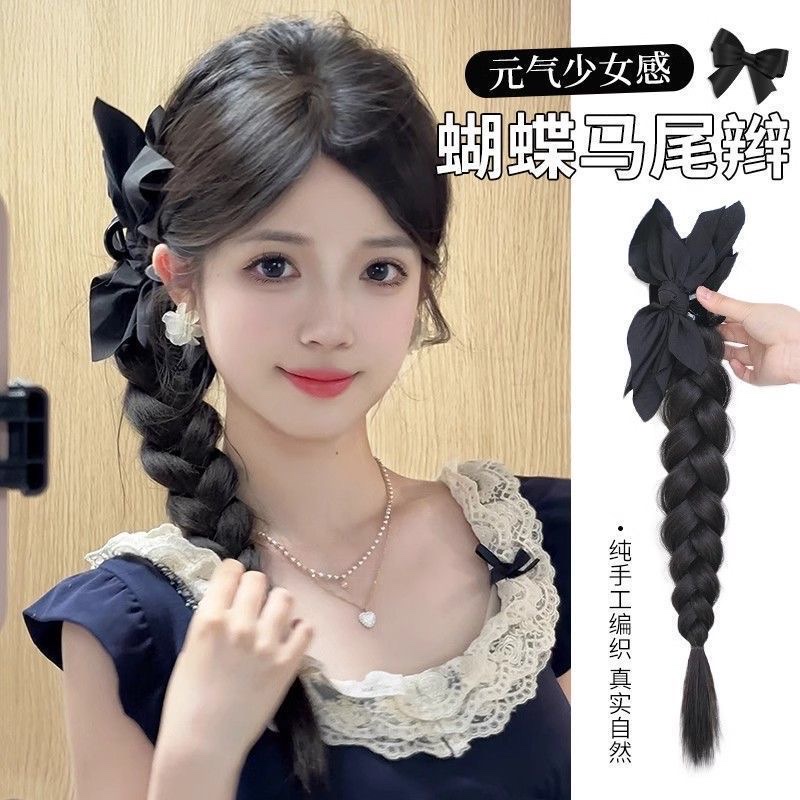 Korean-style black bow clip braid braid ponytail ballet girl style atmosphere boxing braid ponytail female wig details Picture