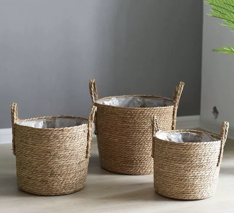 北欧花盆草编花盆海草盆栽花篮编织篮手工花盆竹编藤编篮子植物草编编织收纳编织筐编织篮子编织篮中东