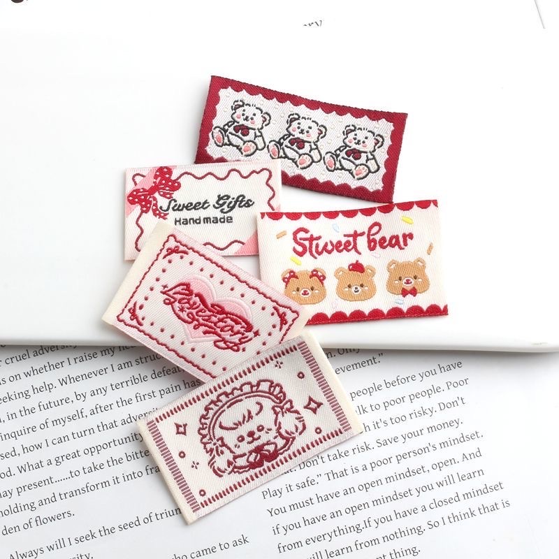 ins Red cartoon bear letter woven label fabric label embroidered label Handmade DIY clothing decoration material accessories detail image 3
