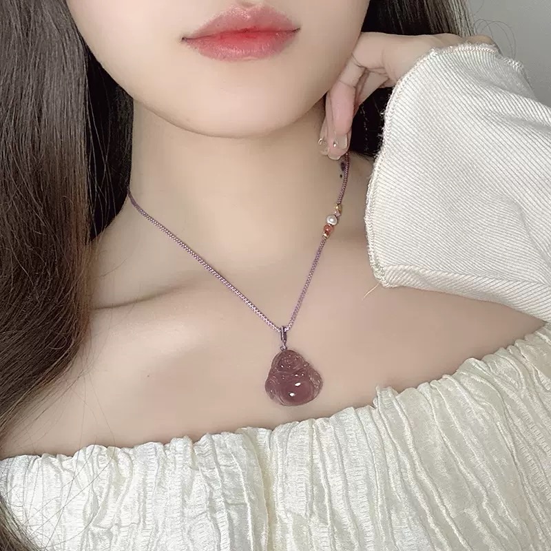 Wholesale of natural Brazilian imperial purple chalcedony Maitreya Buddha male necklace for women, ice-transparent agate, big-bellied Buddha brined rope collarbone chain detail image 2