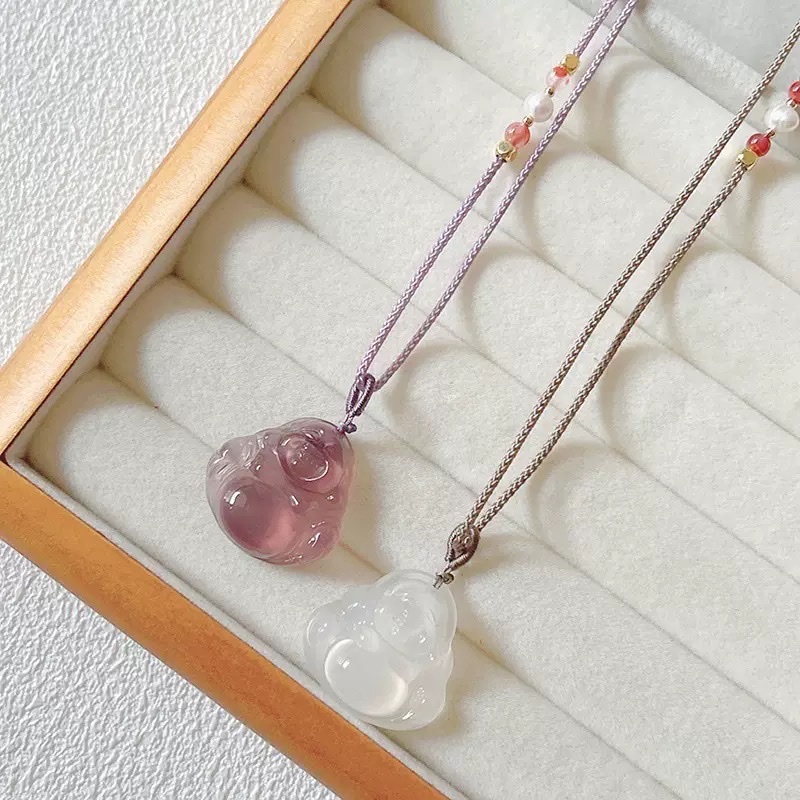 Wholesale of natural Brazilian imperial purple chalcedony Maitreya Buddha male necklace for women, ice-transparent agate, big-bellied Buddha brined rope collarbone chain detail image 4