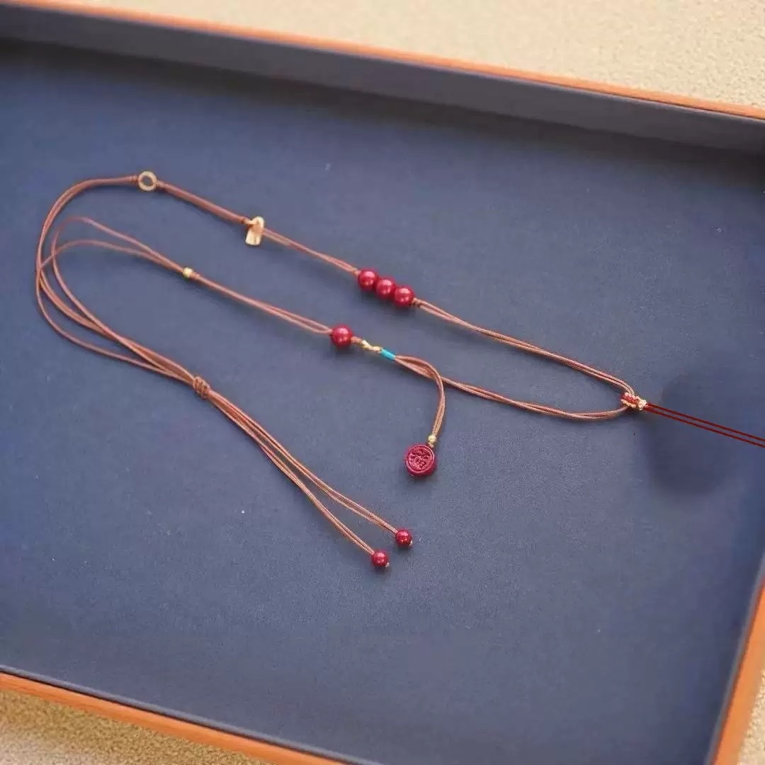 New Chinese-style simple cinnabar pendant rope, hand-woven extremely fine imperial sand lucky charm ruyi peace lock necklace rope Specification image