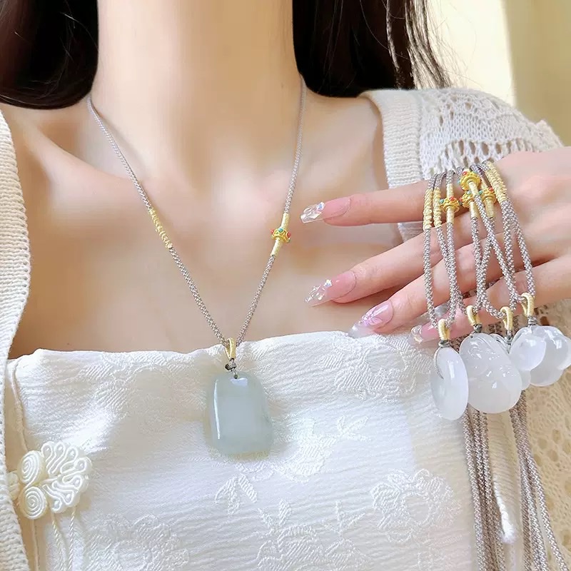 Natural white agate chalcedony peace pendant, no worries pendant necklace, female ruyi lock, hanging rope, pendant gift detail image 2